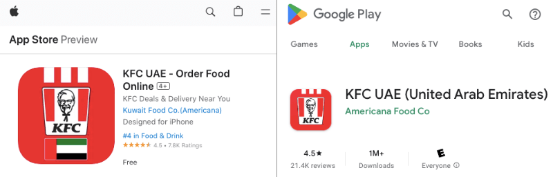 KFC mobile apps ratings
