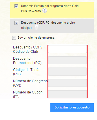 Carrito de compra con codigo promocional Hertz Realización del alquiler de coche con un codigo promocional Hertz