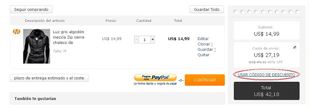 Carrito de compra con codigo descuento Milanoo Realización del pedido con codigo descuento Milanoo.