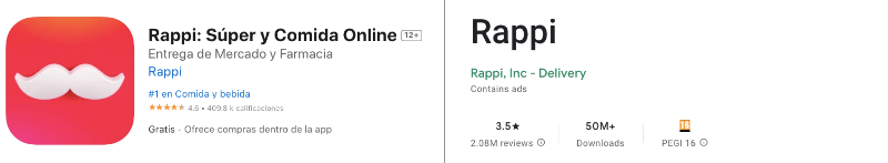 App de Rappi en Google Play y AppStore