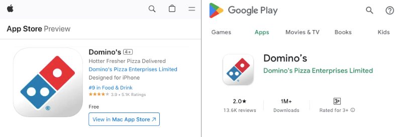 Dominos mobile apps ratings