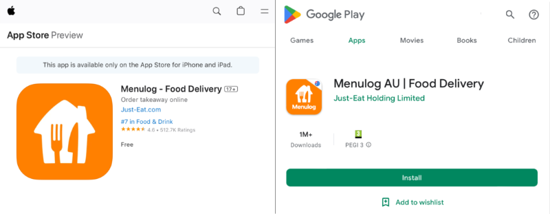 Menulog mobile apps ratings