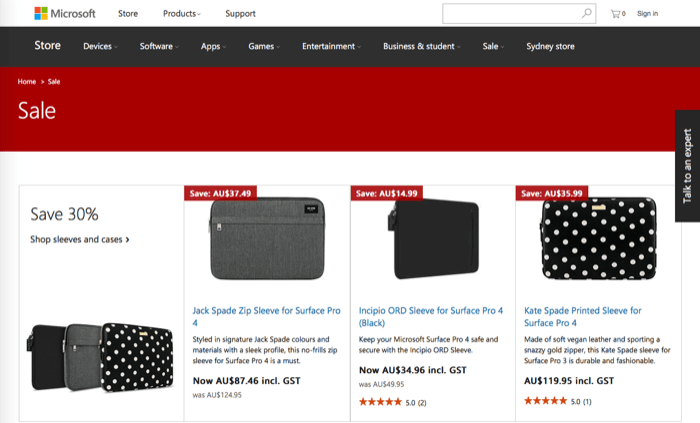 Sale section at Microsoft Store