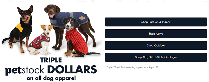 Dog apparel available at Petstock