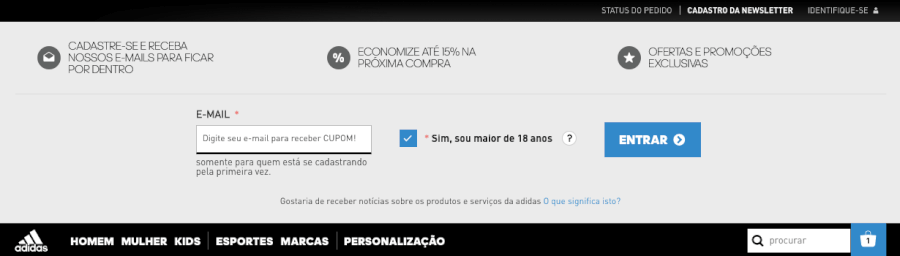 campo para conseguir cupom promocional Adidas Onde conseguir cupom Adidas