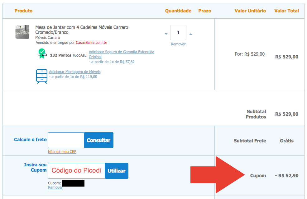 Como aplicar Cupom Casas Bahia