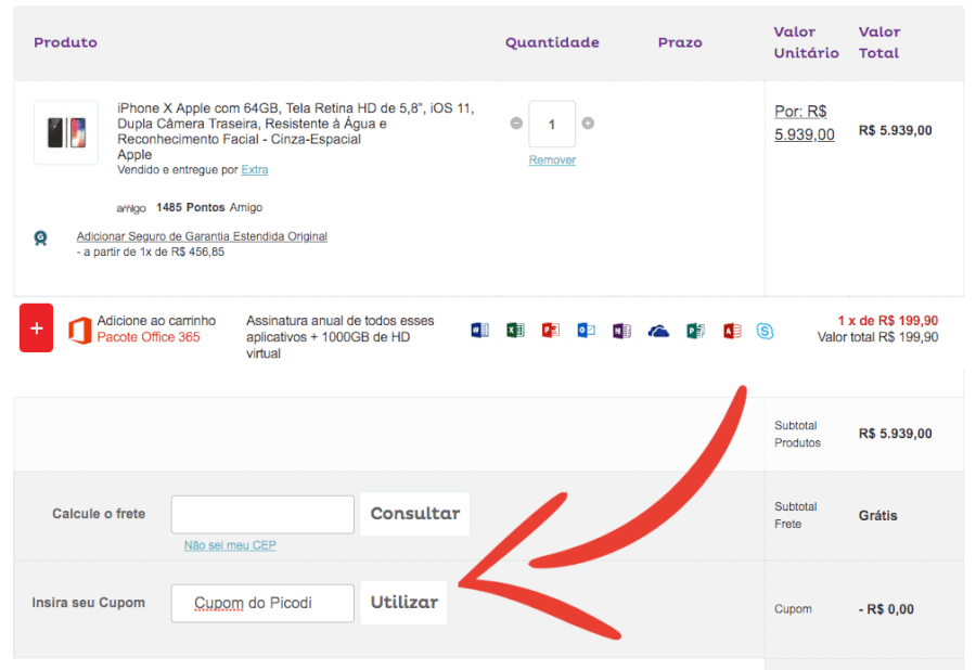 Carrinho com cupom de desconto