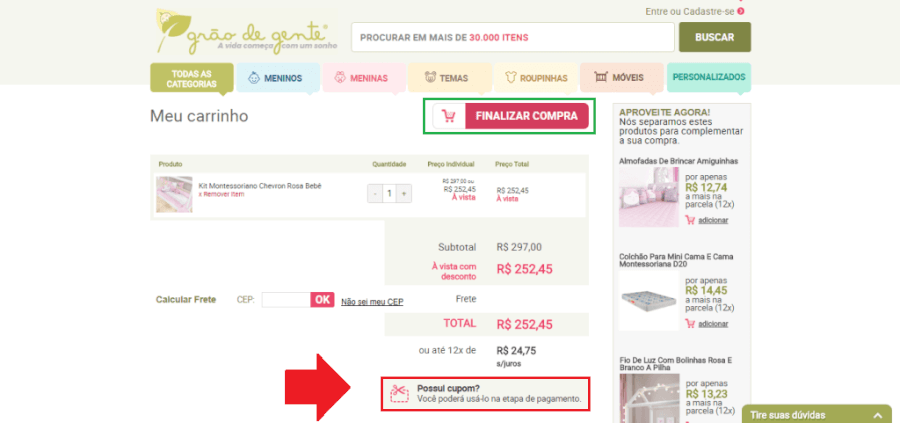 Como aplicar cupom de desconto Grão de Gente Como aplicar cupom de desconto Grão de Gente