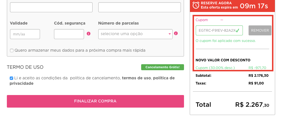 Campo para aplicar cupom Hotel Urbano