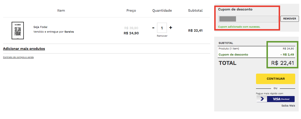 Cupom Saraiva aplicado no carrinho