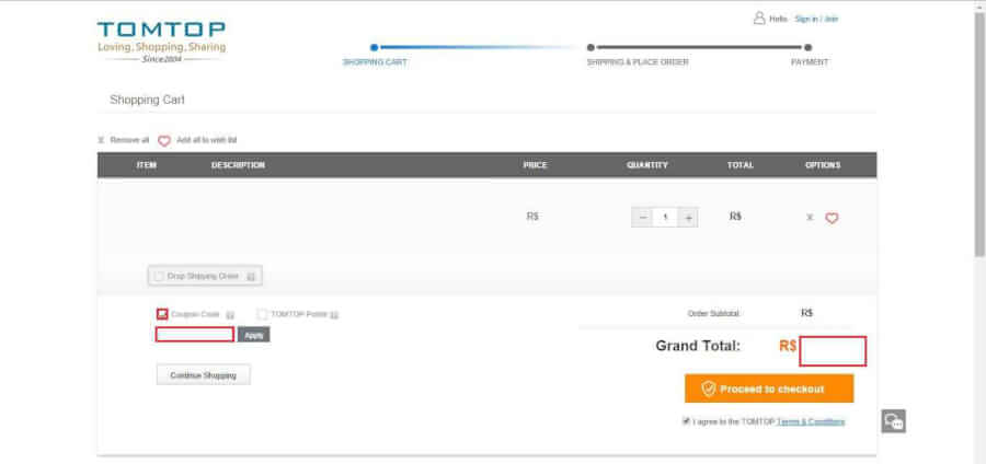 Carrinho de Desconto TomTop Carrinho de Desconto Tom Top