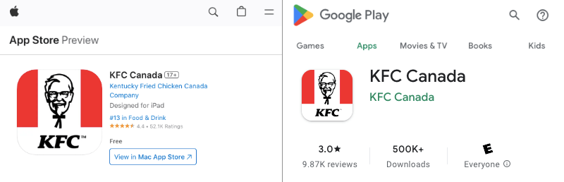 KFC mobile apps ratings