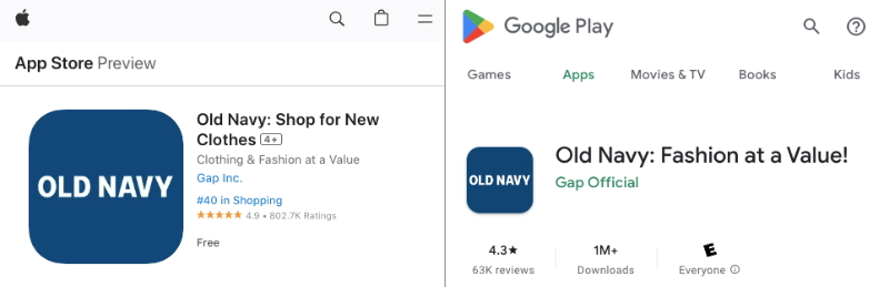 Old Navy mobile app reviews