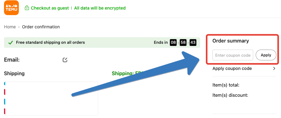 Where to enter the Temu coupon code?