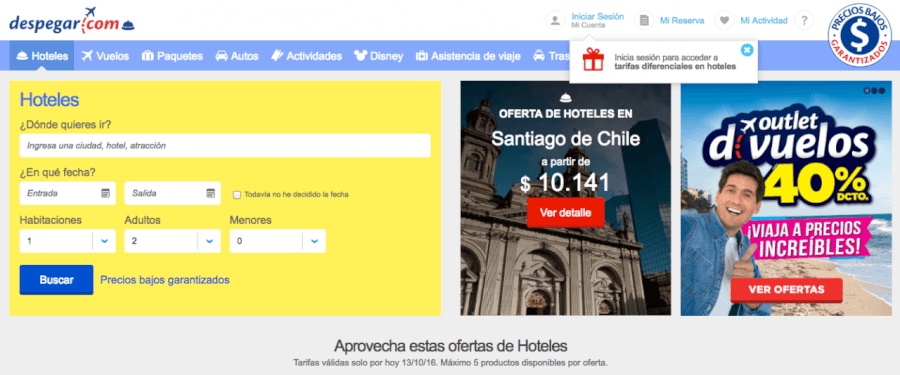 pagina principal con promociones Despegar