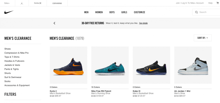 pagina principal y promociones nike