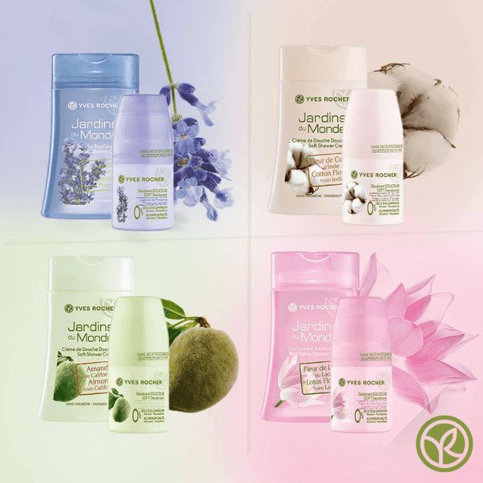 Různé varianty kompletu obsahující sprchový gel a deodorand. Dostupné na Yves-Rocher.cz