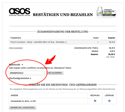asos Aktionscode - das markierte Feld im Bestellungsprozess