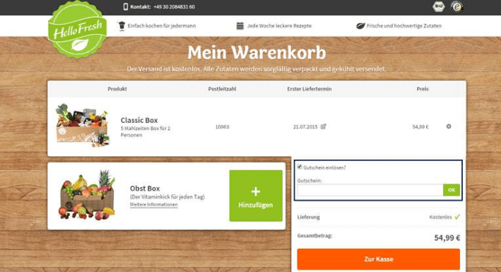 Eine Beispiel Bestellung mit einem hellofresh Gutschein