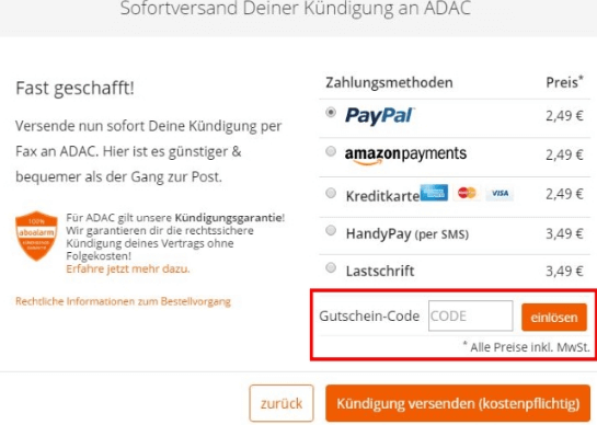 Das markierte Feld Gutschein-Code, in das man den aboalarm Gutschein speichern muss