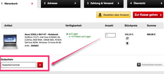 Das markierte Feld: Gutschein im Bestellungsprozess