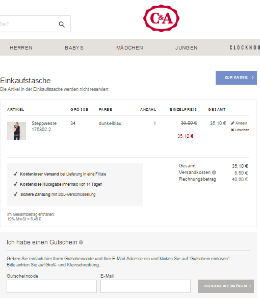 Eine Beispielbestellung mit dem markierten Feld für den C&A Gutschein