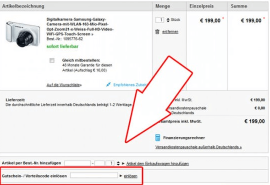 Eine Beispiel Bestellung mit dem markierten Feld Gutschein einlösen
