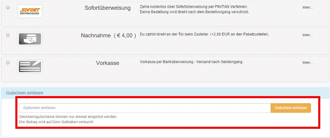 Das markierte Feld im Bestellungsprozess - Gutschein einlösen