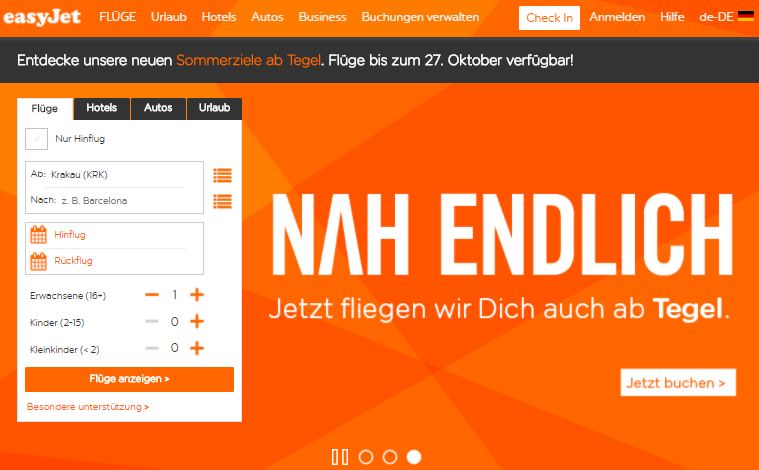 Die easyjet Hauptseite