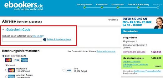 Eine Beispiel Bestellung mit einem ebookers.de Gutscheincode