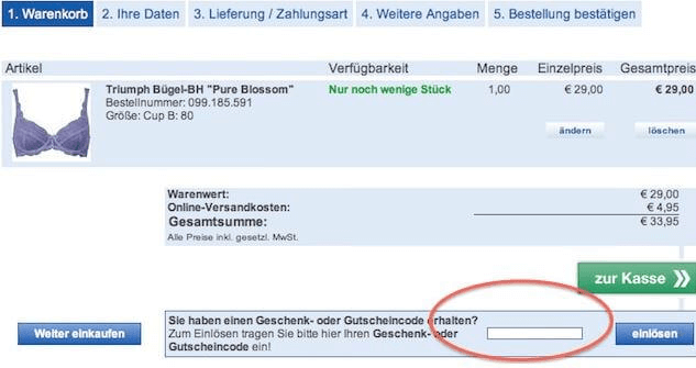 Eine Beispiel Bestellung mit dem markierten Feld Gutschein einlösen