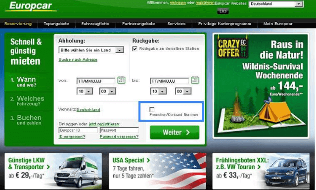 Eine Beispiel Buchung mit dem markierten Feld Promocode