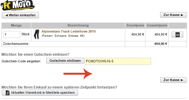 Ein Bild aus dem Bestellungsprozess mit dem Feld: Gutschein einlösen