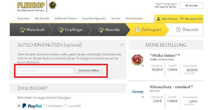 Eine Beispiel Bestellung mit dem markierten Feld Gutschein einlösen