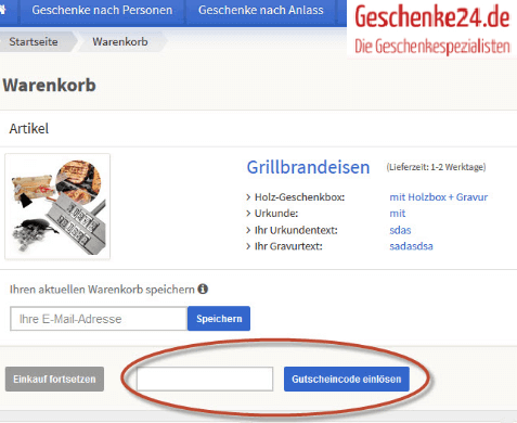 Ein Bild aus dem Bestellungsprozess mit dem markierten Feld: Gutscheincode einlösen