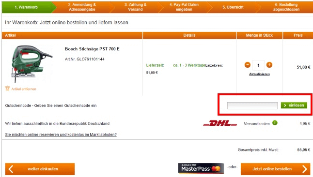 Eine Beispiel Bestellung mit dem markierten Feld - Gutscheincode einlösen