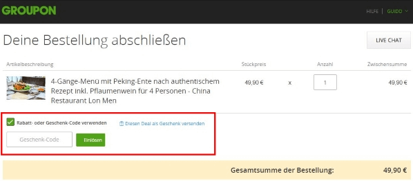 Ein Bild des Bestellungsprozess mit dem markierten Feld Geschenk-code Groupon, indem man den Gutschein einlösen kann.