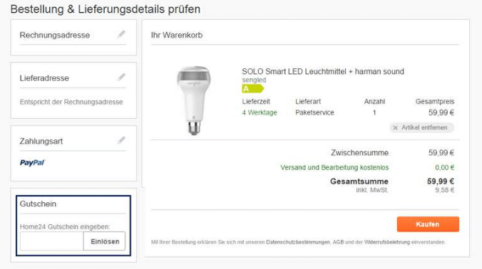 Eine Beispiel Bestellung mit dem markierten Feld - Gutscheincode einlösen