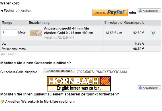 Der Bestellungsprozes mit dem markierten Feld Gutschein, in dem man den HORNBACH Gutschein einlösen kann