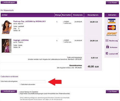Eine beispiel Bestellung mit dem markierten Feld gutschein einlösen