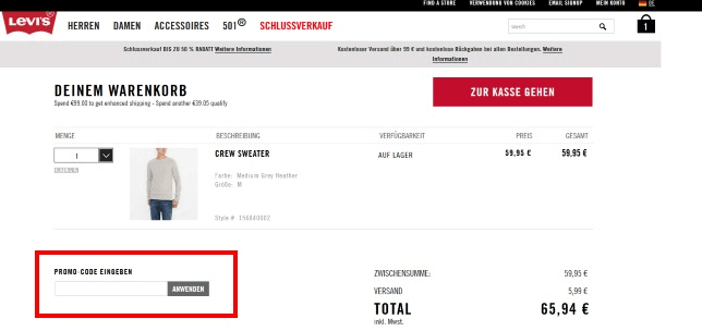 Eine Beispiel Bestellung mit dem markierten Feld Gutschein eingeben