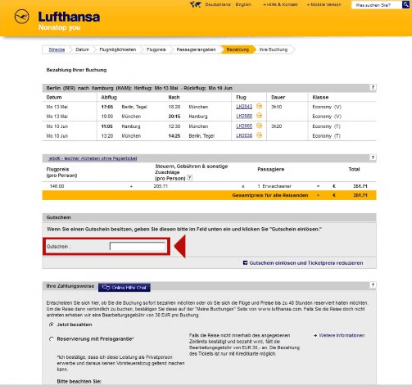 Eine Beispiel Bestellung mit einem Lufthansa Gutschein