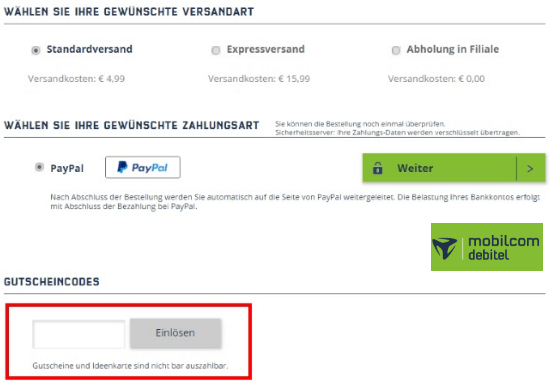 Das markierte Feld Gutscheincodes, in dem man den mobilcom debitel Gutschein einlösen kann