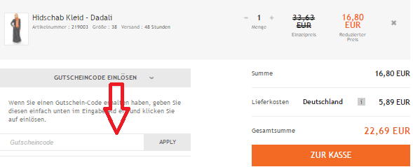 Das Feld für das Einlösen des modanisa Gutscheincodes
