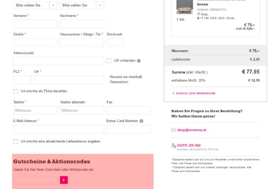 Eine Beispiel Bestellung mit dem markierten Feld Aktionscode