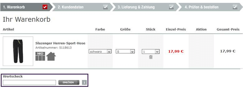 Eine Beispiel Bestellung mit dem markierten Feld: Wertscheck einlösen