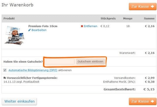Eine Beispiel Bestellung mit dem markierten Feld - Gutschein einlösen