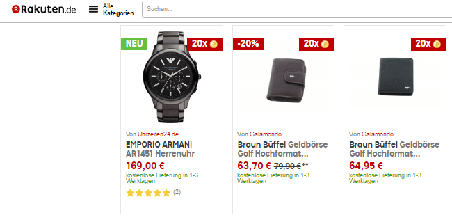 Eine Uhr und Geldbeutel bei Rakuten.de