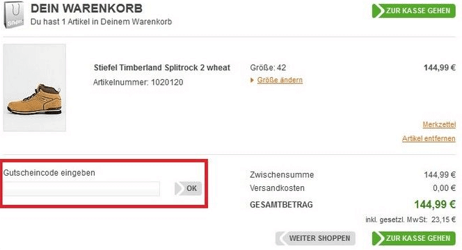 Eine Beispiel Bestellung mit dem markierten Feld Gutscheincode eingeben