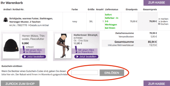 Eine beispiel Bestellung mit dem markierten Feld Gutschein einlösen